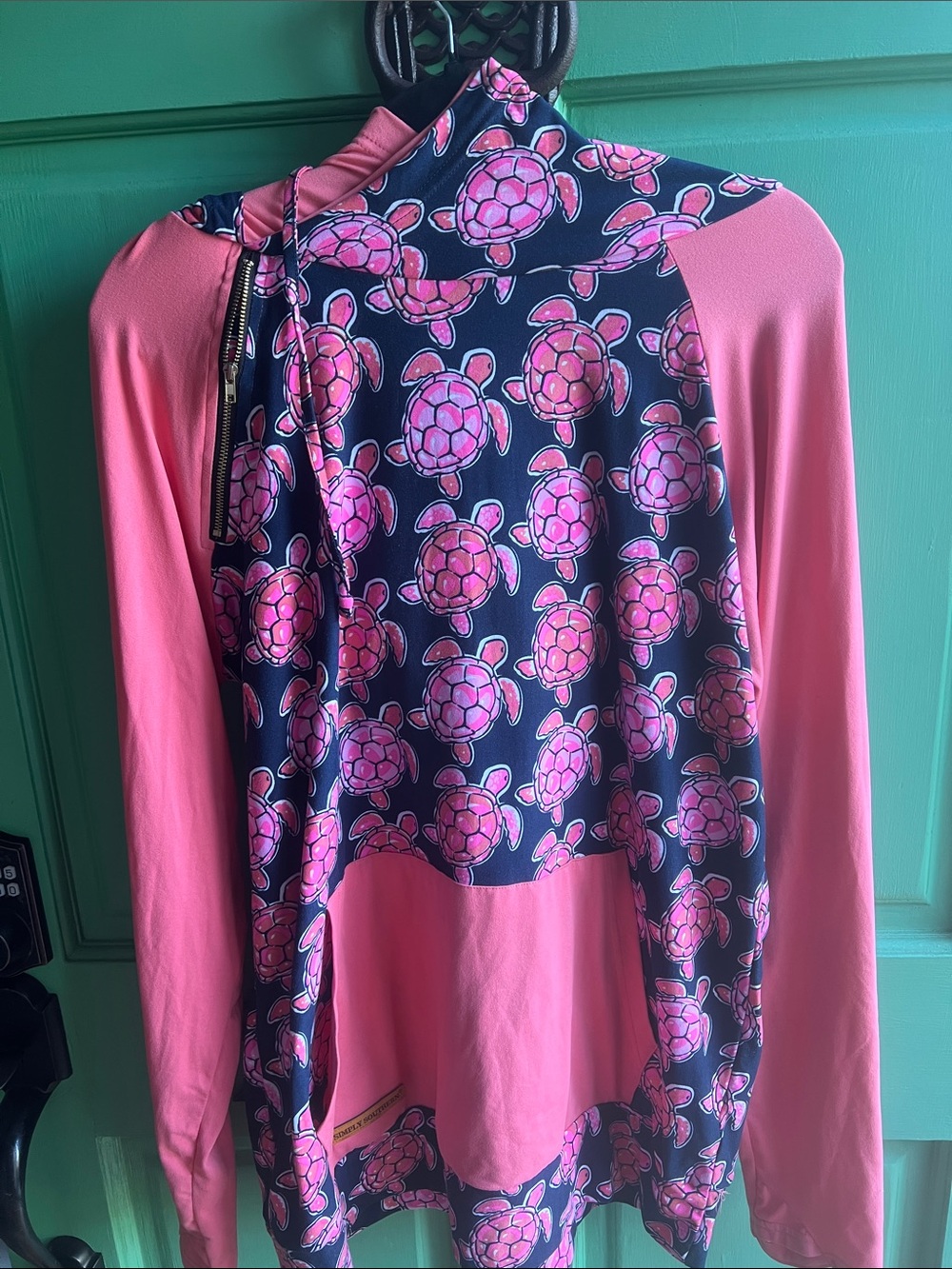 Simply Southern Pink & Navy Floral Turtle double Hooded Pullover - Large